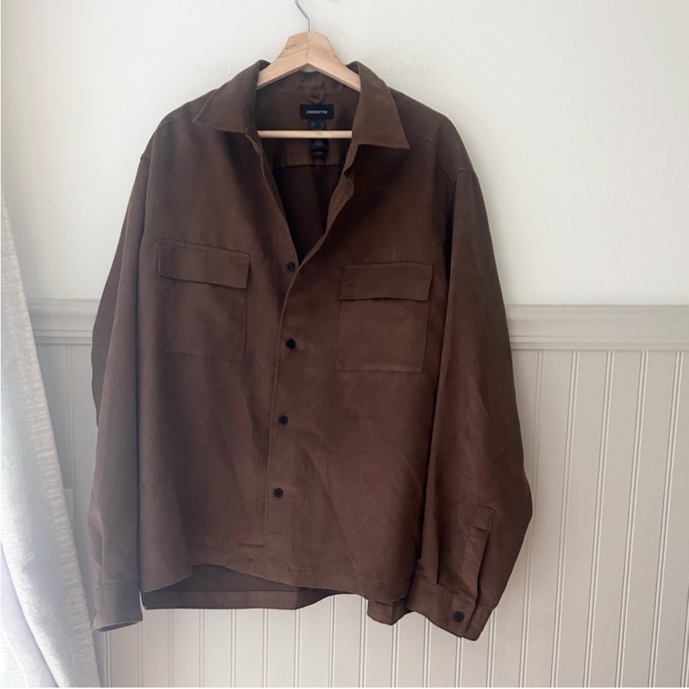 Claiborne XL Chocolate Brown Faux Suede Button Down Shirt Long Sleeve